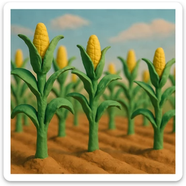 rows of tall corn stalks with green leaves and yellow corn in a corn field, soft pastel colors, blue sky, claymation style sticker