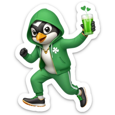 full body friendly anthropomorphised penguin wearing green mafia-style tracksuit, angry, running aggressively, shamrock accessory, no drink sticker