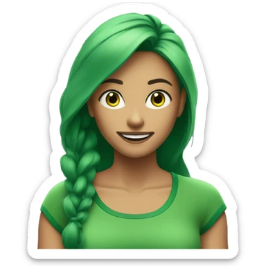 A woman in a green sports top with long green hair smiles broadly. Green eyes. Green skin sticker