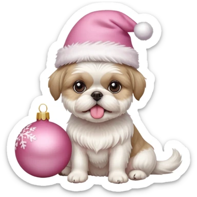 one white all over little shih tzu dog short hair with tongue hanging out sitting with light pink christmas hat sitting next to pink ornament sticker