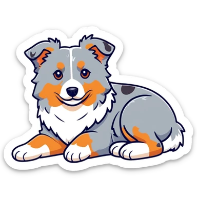 Merle Australian Shepherd dog laying down, spotted blue merle coat, fluffy fur sticker