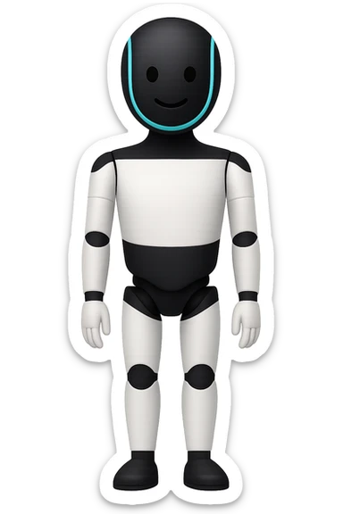Create a fullbody Tesla robot emoji with the exact head from the reference image, arms down pose, apple emoji style, slightly smiling, ensuring the head and feet are fully in frame. sticker