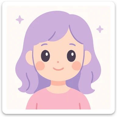 a girl with a cute peachy face, soft features, gentle smile, warm and friendly expression, lavender hair, simple background sticker