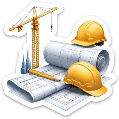 An icon featuring blueprints, a compass, and a construction helmet, symbolizing architecture and construction. The design includes building structures, cranes, and a ruler, representing the design and creation of buildings and urban planning. Transparent background. sticker