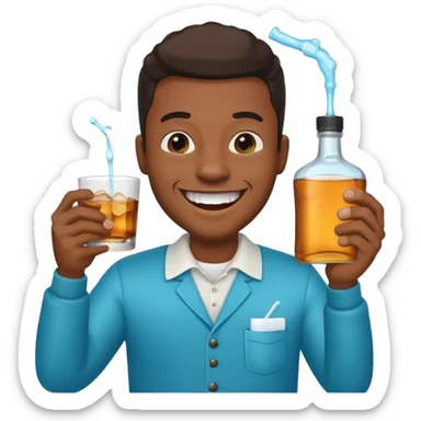 Black man grinning, holding mouthwash and whiskey, teeth sparkling, emoji style sticker