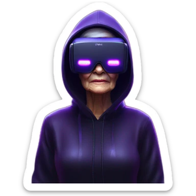 Russian old woman wearing a black hoodie with "OMG" letters on it and VR headset in a cyberpunk VR environment with violet neon lighting. sticker