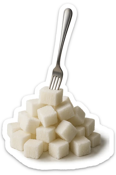 monagna di zollette di zucchero con una forchetta appizzata sopra, iperrealistico 4k sticker