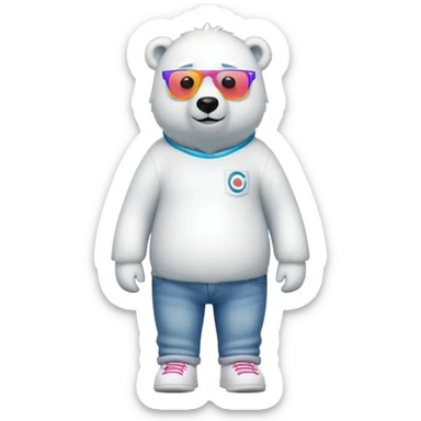 friendly anthropomorphised polar bear standing upright, looking chilled and unbothered, wearing a shirt, jeans, trainers, and spiral-shaped colorful glasses sticker