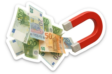 banconote di euro fluttuano vicino ad una calamita rossa, sono attratte, iperrealistico 4k sticker