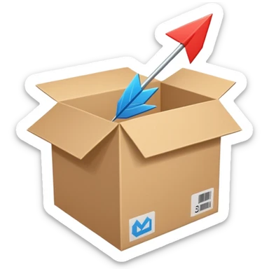 Minimal line-art icon of a shipping box with an arrow going up or a price tag, simple modern style, clean outlines, slightly 3D, no background, transparent, represents “reselling / e-commerce / flipping items” sticker