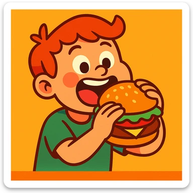 kid eating a burger, wearing a green t-shirt, vibrant cartoon style sticker