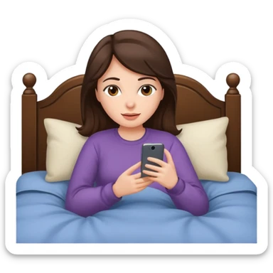 Brunette woman cozy in bed on phone sticker