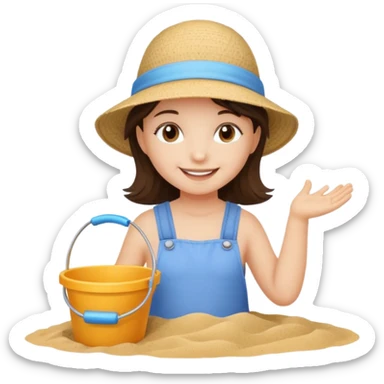 brunet kid girl with toy sand bucket wear sun hat sticker
