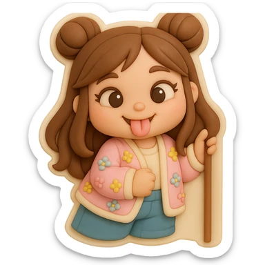 Create a 3D chibi fondant cake art style image of a girl based on the reference image. Preserve the facial features and eye shape exactly as in the reference. She has long brown hair styled in two space buns and brown eyes. The girl is sticking out her tongue playfully with a kind, happy tease expression. Include a thick white outline like a sticker and ensure the background is transparent. Render with high quality, smooth shadows, and soft gradients. sticker