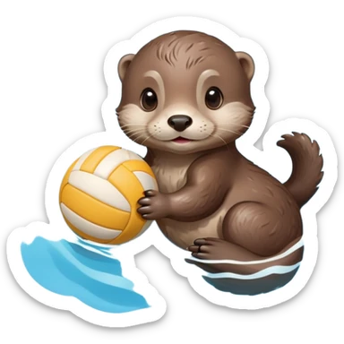 super cute baby otter with gentle expression and soft rounded eyebrows, floating on clearly visible blue water with waves, tiny baby otter with big sweet eyes holding a volleyball with both small paws above water sticker