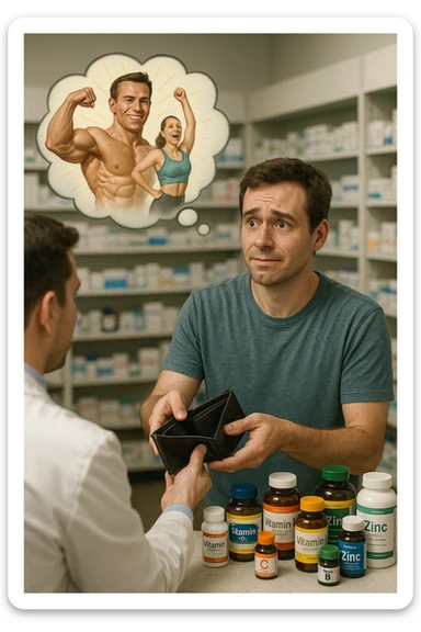 a man stands at a pharmacy counter, handing over a nearly empty wallet to the cashier while the counter is filled with bottles of supplements and vitamins. His expression is hopeful but slightly anxious. In the background, a thought bubble shows exaggerated images of instant health and fitness, symbolizing unrealistic expectations.  in italiano super realistica sticker