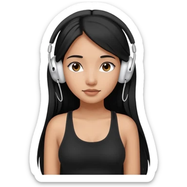 a fair indian girl with straight black long hair, wearing a black cami top. and wearing silver airpods max headphones on sticker