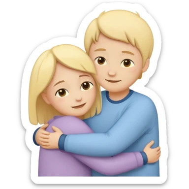 two simplified human characters hugging each other warmly, showing emotional support and friendship, gentle smiles, calm and safe mood, flat custom emoji sticker, soft pastel colors, rounded shapes, minimal details, mental health theme, thick outline, white background, no text sticker