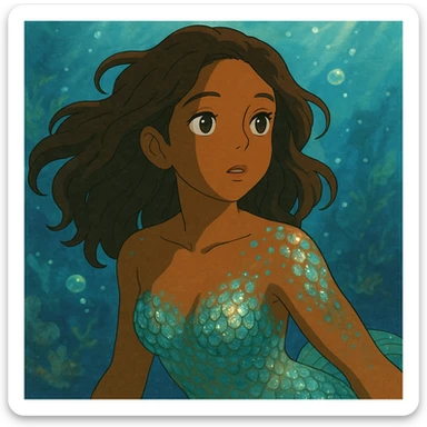 close-up of a mermaid with brown skin, sparkling iridescent scales, dreamy underwater background, ghibli style sticker