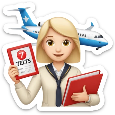 emoji student happy holding certificate IELTS 7.0, success, airplane, white background sticker