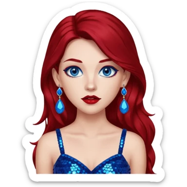 Chappell Roan (b.1998) with long dark red hair, red sequin crop top, red earring, blue eye, makeup sticker