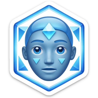 A non-human presence appearing as a glowing blue-white holographic interface with floating geometric shapes or a faint head-and-shoulders outline and no physical facial features. sticker
