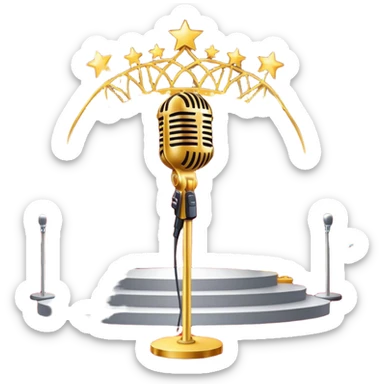 Create a glamorous and vibrant emoji that represents pop or stage vocal performance. The design should feature an empty stage with concert lighting. Include elements like an iconic stage microphone with a sparkling, rhinestone-studded microphone stand, set on a red carpet, a celebratory firework display in the background and a ribbon of musical notes flowing around the scene to symbolize the performance's energy. Use bright colors like gold, red, and silver to emphasize the excitement and glitz of the pop vocal world. The background should be transparent. sticker