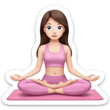 Brunette long hair and blue blue eyes yoga beautiful girl in light pink pink pink clothes sitting on a yoga mat sticker