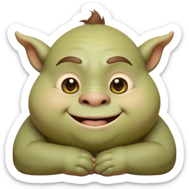 Cinematic Cute Ogre Portrait Emoji, with a surprisingly endearing, plump and huggable figure in soft earthy greens and browns, featuring big, kind eyes and a bashful smile, simplified yet irresistibly adorable, highly detailed with a soft glowing outline that captures the charm of a friendly giant who seems ready for a warm hug! sticker