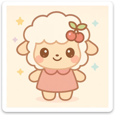 kawaii sheep character with creamy white wool with warm tint, soft warm beige or gentle pastel gray body, rosy cherry pink blush on cheeks, dark brown cocoa eyes with highlight sparkles, deep cherry red cherry hair clip with green leaf detail, outfit or accessory in dusty pink cherry red or pastel coral sticker