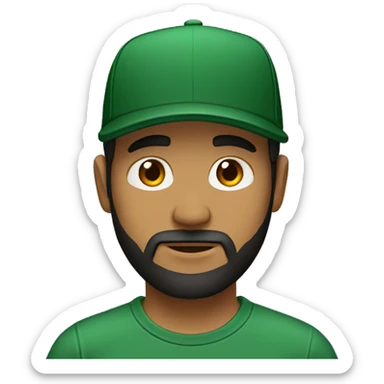 brown man with a dark beard, dark eyes, dark green t-shirt and a black cap sticker