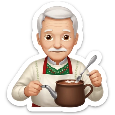 A gentle old man in a festive sweater and a white apron, stirring a pot of rich hot chocolate. sticker