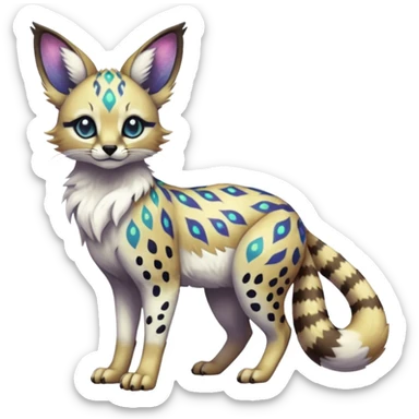 Rare iridescent white exotic epic aesthetic colorful Trico-Eevee-Serval-Genet-Civet-species-Fakemon-hybrid-creature, with intricate tattoo markings, full body sticker