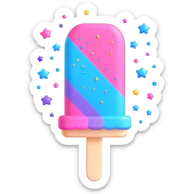 A popsicle with pink, blue, and purple colors, with a star on top, surrounded by small stars and sparkles. sticker