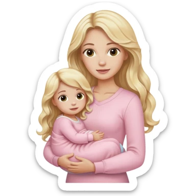 Blonde longe wavy hair lady with light pink clothes holds her baby girl and a girl daughter  sticker