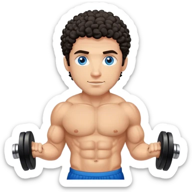 caucasian black haired curly gym guy with dumbells blue eyes sticker