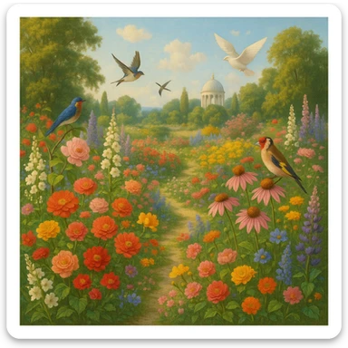 utopian garden with flowers, birds, and no cats in sight sticker