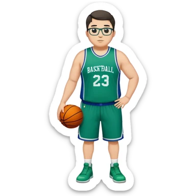Full Body plus size white male with dark short hair basketball player wearing glasses wearing blue green uniform sticker