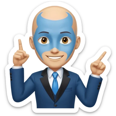 Blue-skinned male character with a large bald head, wearing a black and blue suit. Pointing to his temples with a clever, confident smile sticker