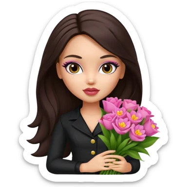  pretty bratz doll with makeup with dark top, long dark brown hair holding big bouquet of flowers  sticker