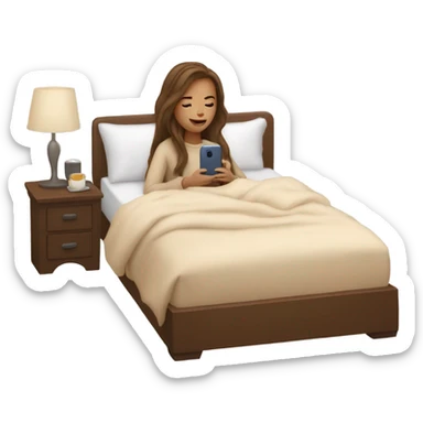 white girl with long brown hair in a bed with beige comforter on her phone sticker