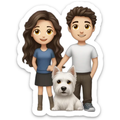 Brunette girl and brunette boy with westie sticker