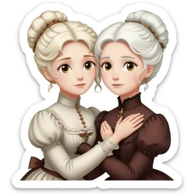 Two Victorian women embracing in a close hug, one with bright white coiffed hair and one with dark copper coiffed hair, both with light eyes, wearing Victorian high-neck dresses sticker