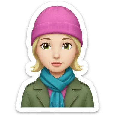una mujer con: pink beanie, green bufanda and long blue jacket sticker