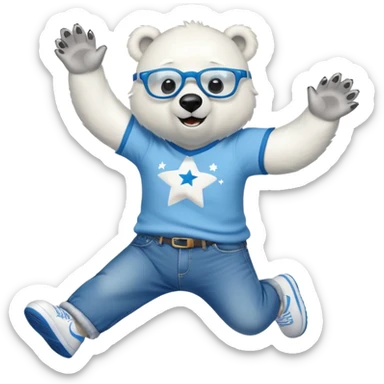 friendly anthropomorphised polar bear jumping and looking excited, wearing a shirt, jeans, trainers, star-shaped glasses sticker