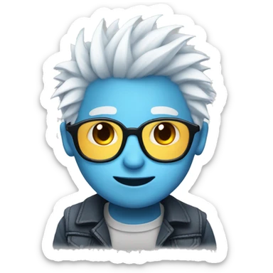 Cute male emojis with blue skin, medium length white spiky hair & glasses sticker
