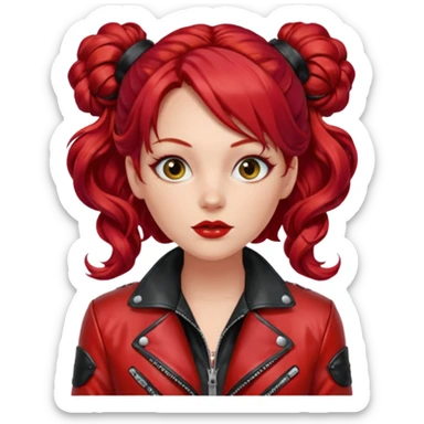 A woman with strikingly long, wavy, vibrant red hair, which is styled with two small buns on top of her head. She is wearing a shiny red leather jacket over a red top with a black patterned trim. She's gagged sticker