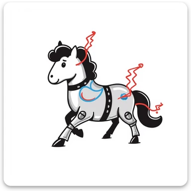 fast electric horse made of electricity, metal plates, bolts, visible blue and red wires, lightning coursing through its body, mechanical look sticker