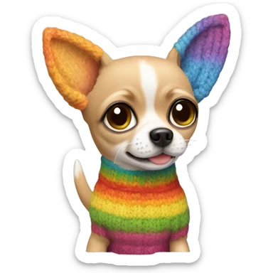 Chihuahua wearing a rainbow knitted sweater with cat ears sticker