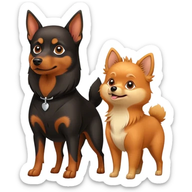 Doberman Pinscher and Pomeranian Spitz standing side by side. The Doberman has a sleek black and tan coat with alert ears, while the Pomeranian has a fluffy orange coat and a joyful expression. Beautiful natural background, with a clear blue sky and green grass. Transparent background. sticker
